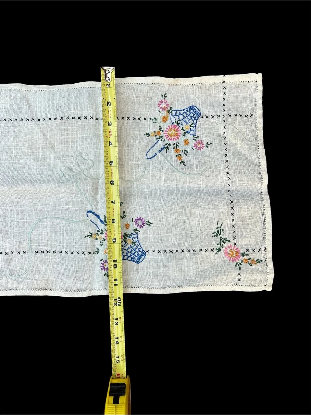 Vintage Hand-embroidered Runner Basket Floral Cross Stitch 40